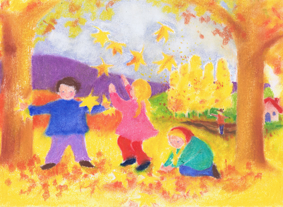 Australian autumn seasonal card with falling leaves and warm colours, illustrated for Waldorf and Montessori seasonal tables.