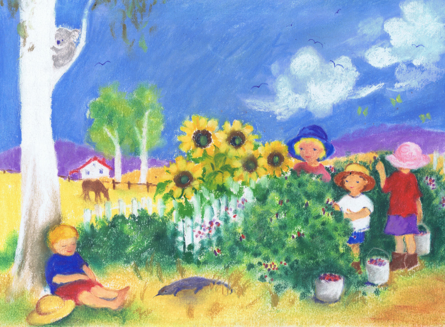 A colorful illustration of children in the garden with sunflowers, this summer scene is an Australian nature-inspired seasonal card. Illustrated for Waldorf and Montessori seasonal tables.