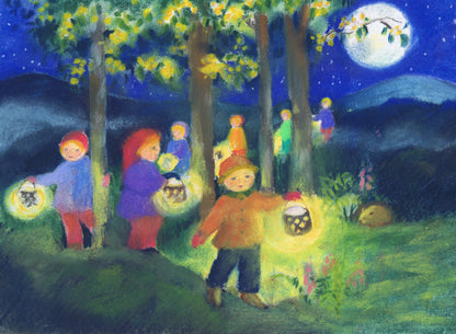 Australian winter seasonal card featuring children with lanterns, illustrated for Waldorf and Montessori seasonal tables.